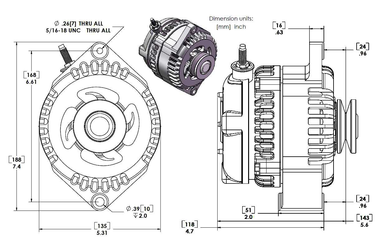 REVERSE ROTATION Marine 170-amp high output alternator for Ski / Wake Board Boats with 12SI 6.61 inch bolt pattern - V-Belt Pulley