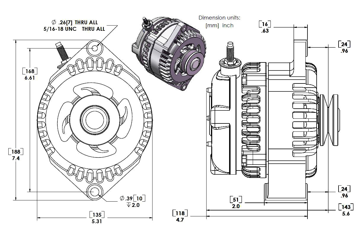 170 amp Racing alternator for 63-85 GM - Natural Finish (includes 2 pulleys)